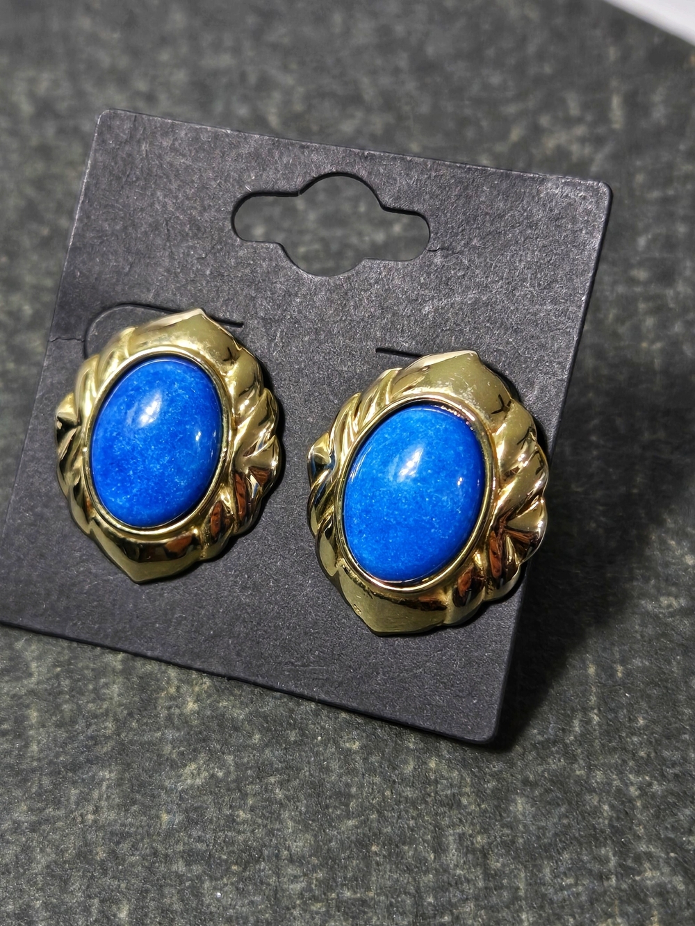 Vintage Gold-Tone Earrings with Bright Blue Cabochons